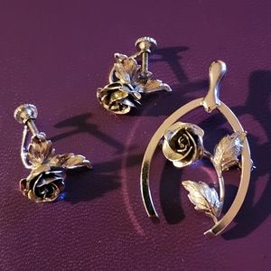 Vintage Wishbone and Rose Brooch with matching screwback earrings